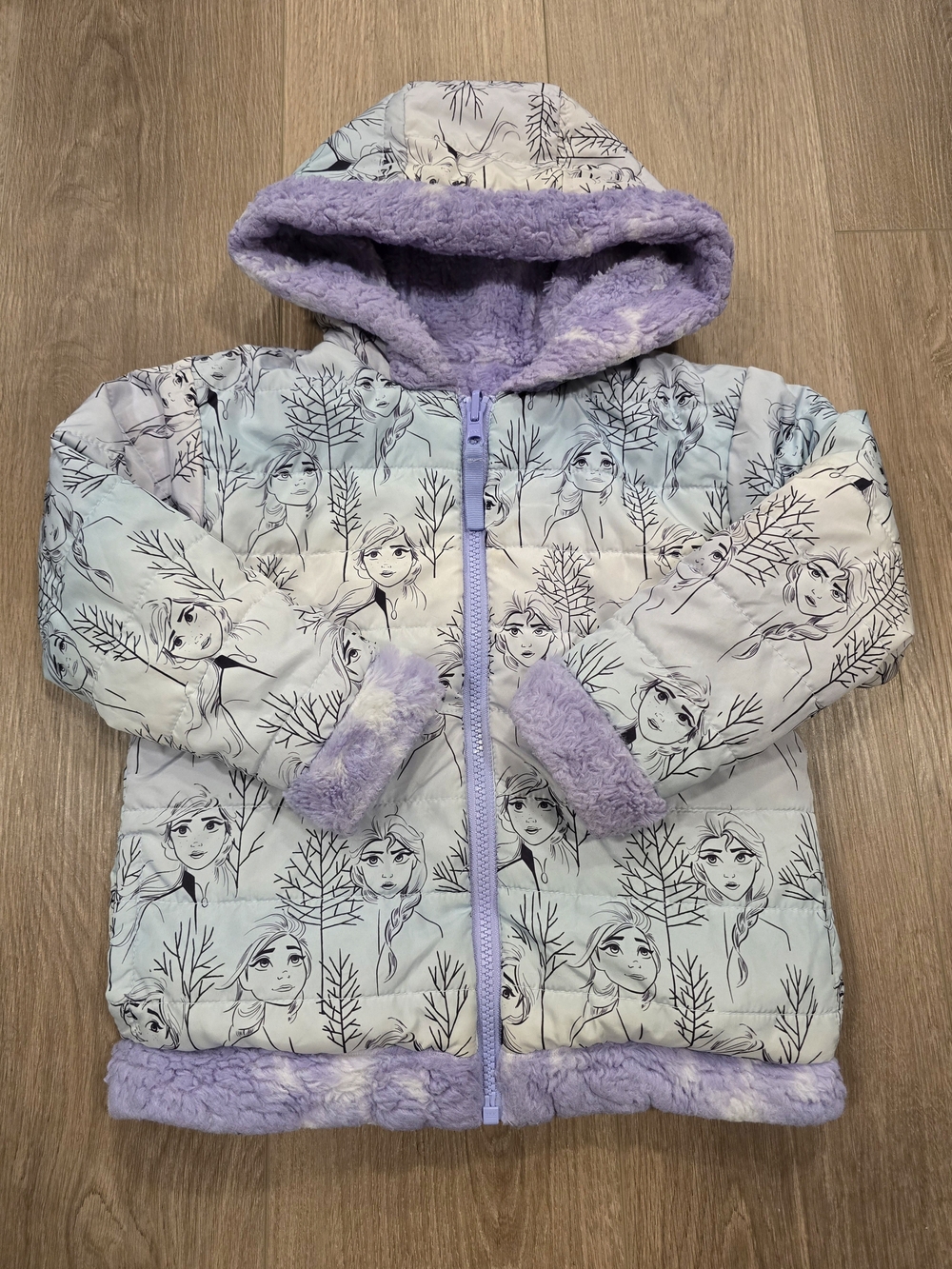 Disney Frozen Girls Elsa Anna Reversible Puffer Jacket Purple Hooded Size 4T